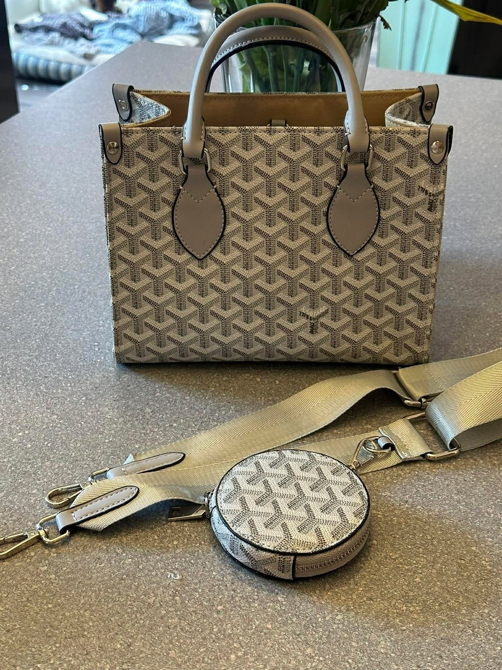 Neutral Patterned Tote Bag with Detachable Strap